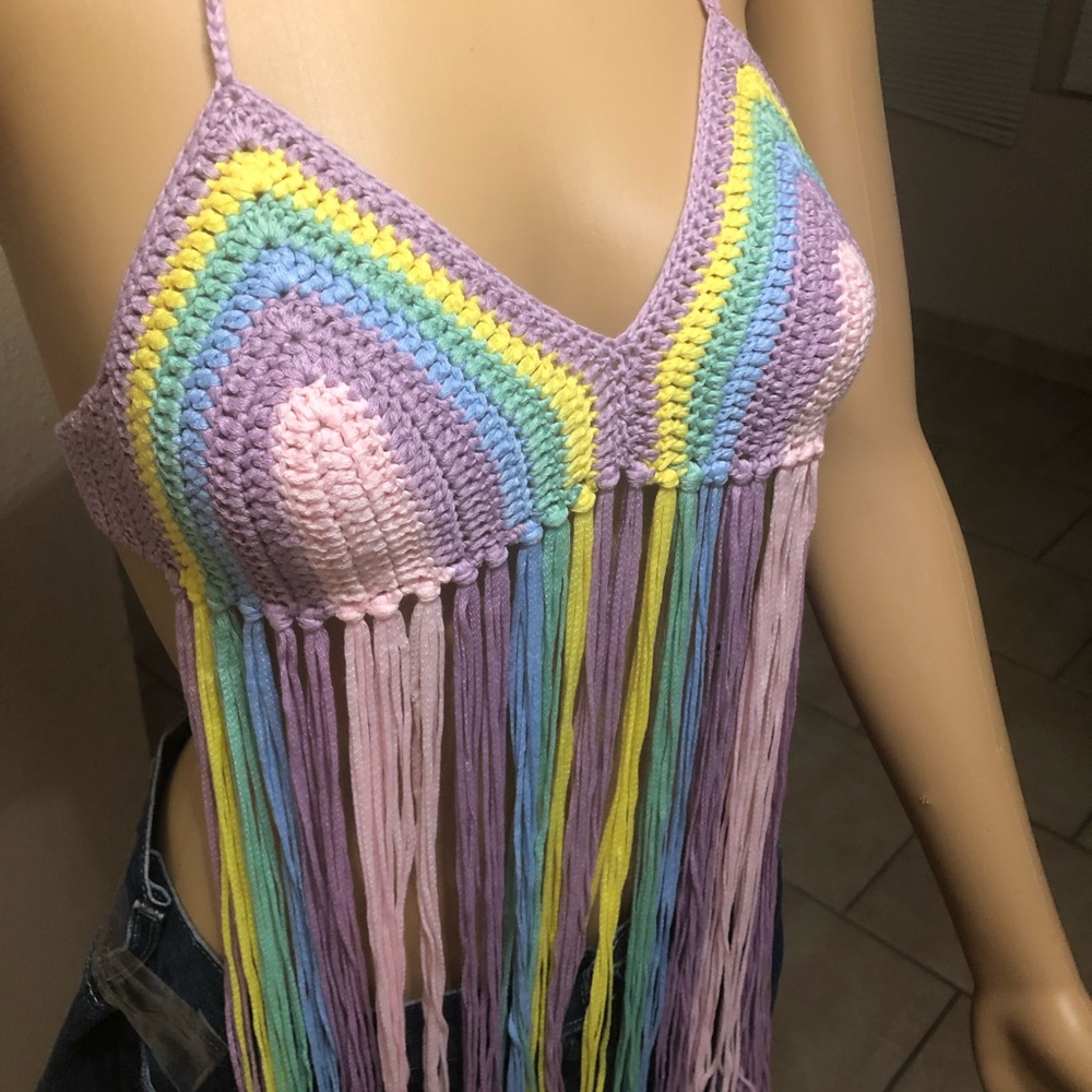 NWT Rainbow Fringe Crocheted Bikini Top
